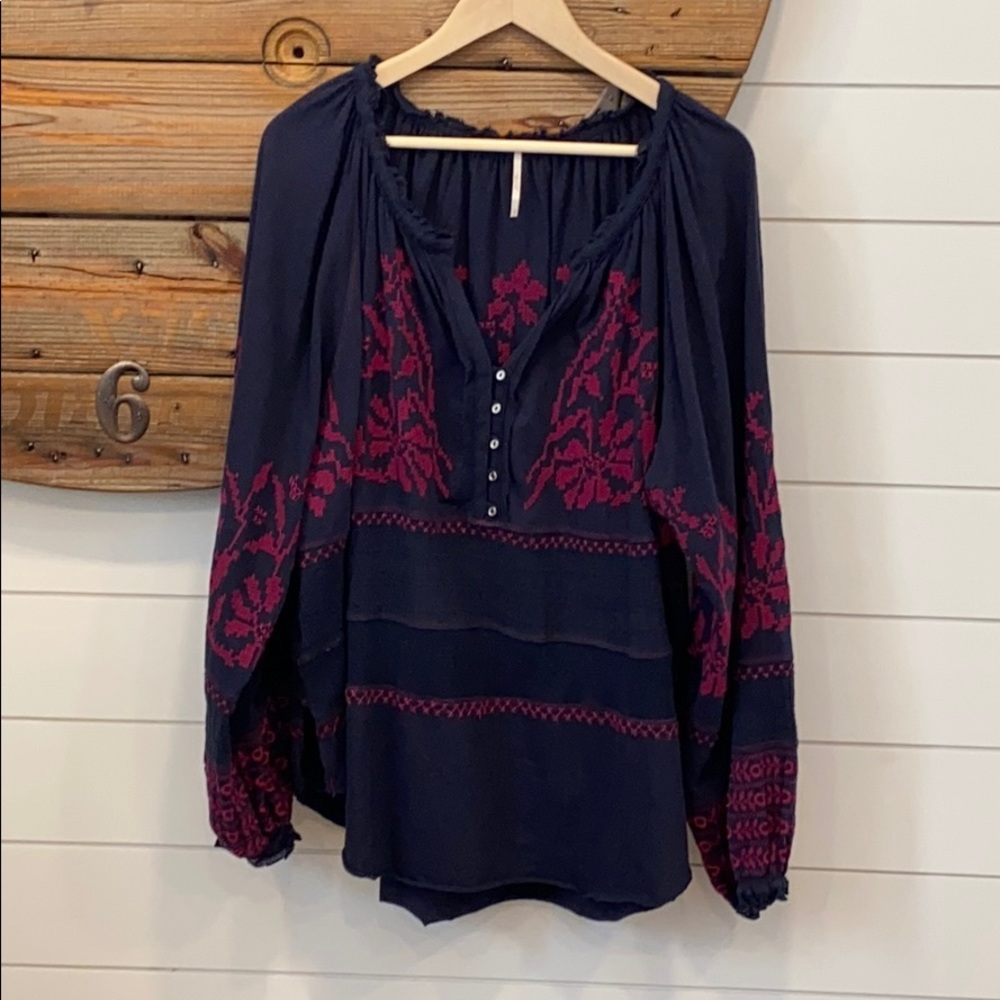 Free People Dark Blue and Burgundy Embroidered Tunic